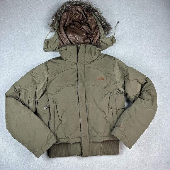 The North Face Down Puffer Jacket Prodigy 600 Fill Olive Womens M Hood Cropped - Picture 1 of 16